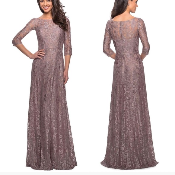 La Femme  Lace Quarter
Length Sleeve Bateau A-line
Dress size 6 Formal Gown - Picture 5 of 15